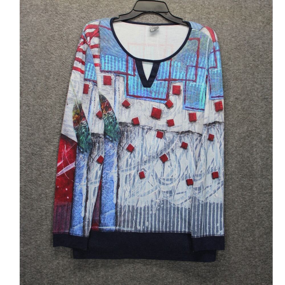Dolcezza XL Top Long Sleeve Split V-Neck Print Art to Wear Colorful